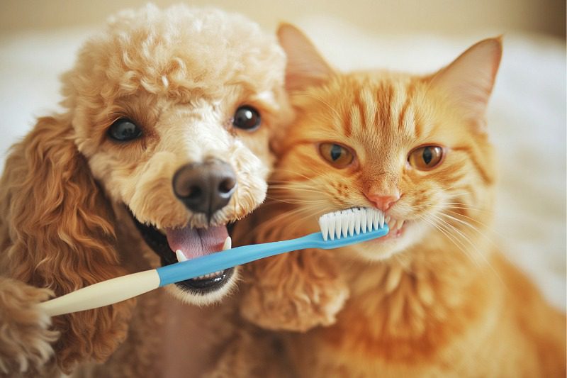 Poodle and an orange tabby cat with blue toothbrush